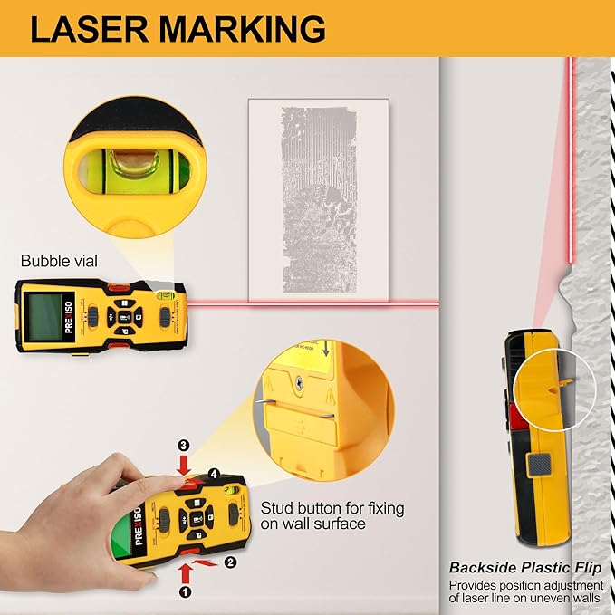 PREXISO 5-in-1 Stud Finder with Laser Level Marking & Ultrasound Distance Measure - Wall Scanner Beam Finders for Dry Interior Walls, Metal Studs - Area, Volume, Addition | Wood, AC Wire Detector
