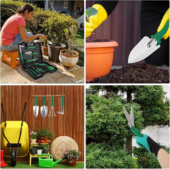 Gardening Tool Set, 11 Pieces Gardening Tools with Carrying Case, Garden Tool Kit for Digging Planting Pruning, Unique Gardening Set with Gloves for Women and Men (Green)