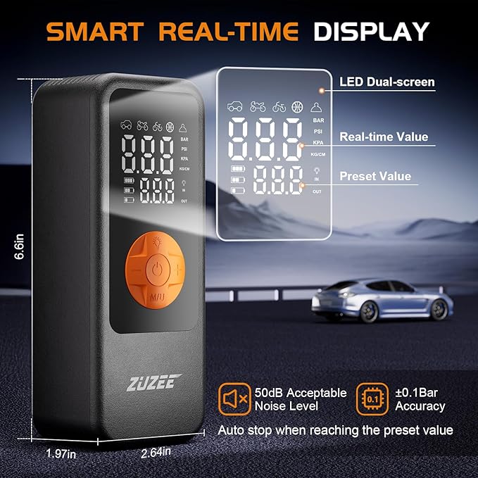 Tire Inflator Portable Air Compressor, 4X Faster & High-Capacity Battery, Portable Tire Inflator with Digital Pressure Gauge, LED Light, 150PSI Air Pump for Car Tires, SUV, Motorcycle, Bike, Ball, etc