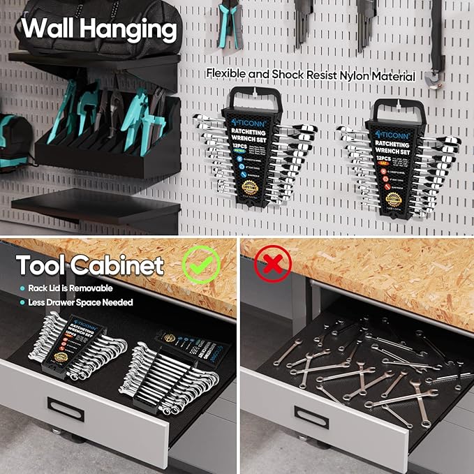 TICONN 24PCS Ratcheting Wrench Set with Organizer Rack, Professional Slim Profile Mechanic Cr-V Ratchet (12PCS Inch (SAE) & 12PCS mm (Metric))