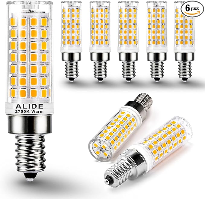 ALIDE E12 75 Watt Replacement LED Candelabra Bulbs C7,2700K Warm White,800LM T6 7.5W LED E12 Chandelier Light Bulbs for Ceiling Fan Pendant Lighting,Non-dimmable,6 Pack
