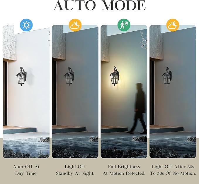 Emliviar 24" Motion Sensor Outdoor Light Fixtures Wall Mount, Aluminum Exterior Porch Light in Black Finish with Gold Edges, Outside Wall Light with Water Glass, WE305BL-SE BG-SW