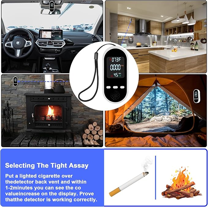 Portable Carbon Monoxide Detector Mini air Quality Monitor with Lanyard Alarm, CO Gas/Humidity Sensor/Indoor/Outdoor Thermometer, Battery Powered LED Screen