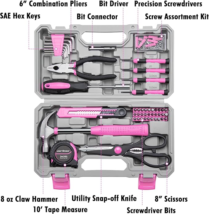 CARTMAN 126-Piece Home Tool Set Kit, Basic Household Hand Tools with Storage Case, Pink