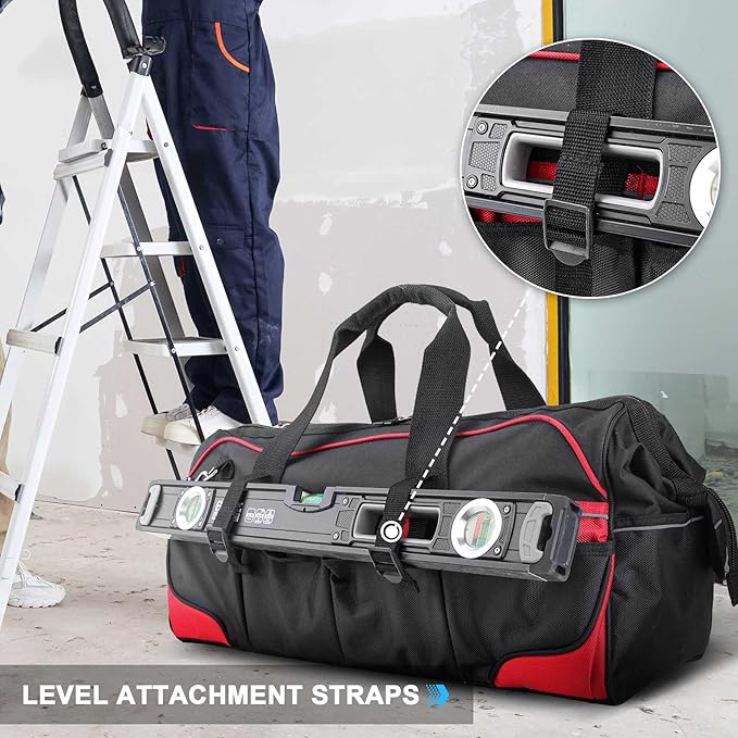 HAUTMEC 24 Inch Large Tool Bag, Heavy Duty 1680D Wide Mouth Tool Box Organizer, 36-Pockets Portable Utility Bag for Men with Level Holder and Removable Shoulder Strap, HT0284-TB