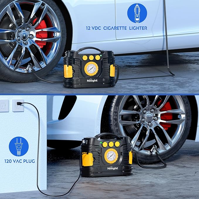 Nilight Tire Inflator Portable Air Compressor Dual Power Car 12V DC Home 110V AC Pump w/Analog Pressure Gauge Fast Inflate Auto Shutoff for Cars SUV Motorcycle Bicycle