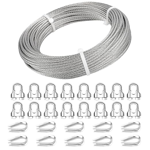 3/16 Wire Rope, 50ft 3/16 Stainless Steel Cable Wire, 7x19 Strand Aircraft Cable Wire Rope Kit, 3700lbs Breaking Strength with 3/16 Cable Clamps,Thimble for Deck Railing Shade Sails String Lights