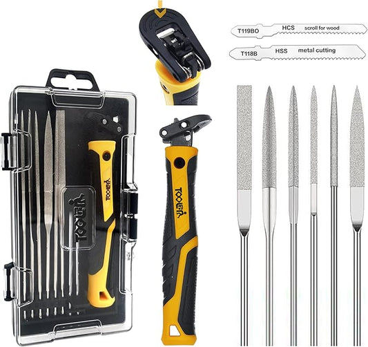8-In-1 Needle File & Saw Set With Storage box, 6 pcs Small Diamond Files, for Metal, Jewlers, Wood, Leather and Plastic, Ergonomic Designed Handle With Quick Change Mechanism