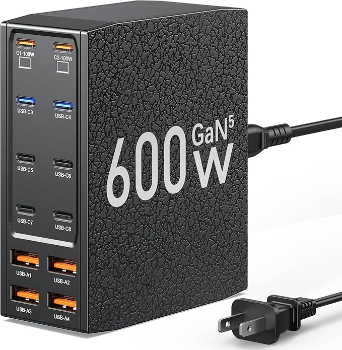 USB Charging Station (600W),12-Port USB C Charger Block with Dual 100W PD USB-C Fast Charging Station Hub for MacBook Pro/Air/All iPad Phone 17/16 15/14/13/Pro Max/Samsung Galaxy Note (Black)