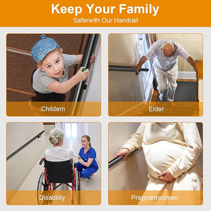 14Ft Industrial Metal Stairs Handrail Kit, Sturdy Wall Mount Aluminum Hand Rail, Indoor Outdoor Stair Railing Wood Concrete Brick Wall,1.5 in Round Pipe Grab Bar, Matte Black-14FT