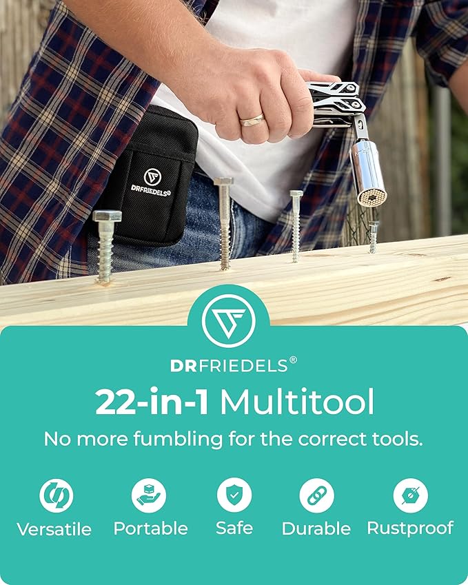 Multi Tool with Universal Socket - 22 in 1 Stainless Steel Multipurpose Tool with Saw, Pocket Knife, Wire Stripper & More - Small Tools for DIY Enthusiasts, Hobbyists, & Professionals by DrFriedels
