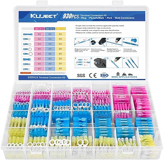 Kuject 930PCS Heat Shrink Wire Connectors Kit, Electrical Waterproof Crimp Butt Terminals, Insulated Spade Connectors for Automotive Marine Boat Truck, Include Rings Forks Spade Butt Splices