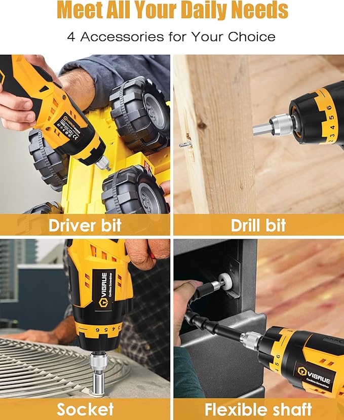 VIGRUE Cordless Screwdriver Set, Rechargeable Electric Screwdriver with 45 Free Accessories, Battery Indicator, 7 Torque Setting, 2 Position Handle with LED Light, Flexible Shaft