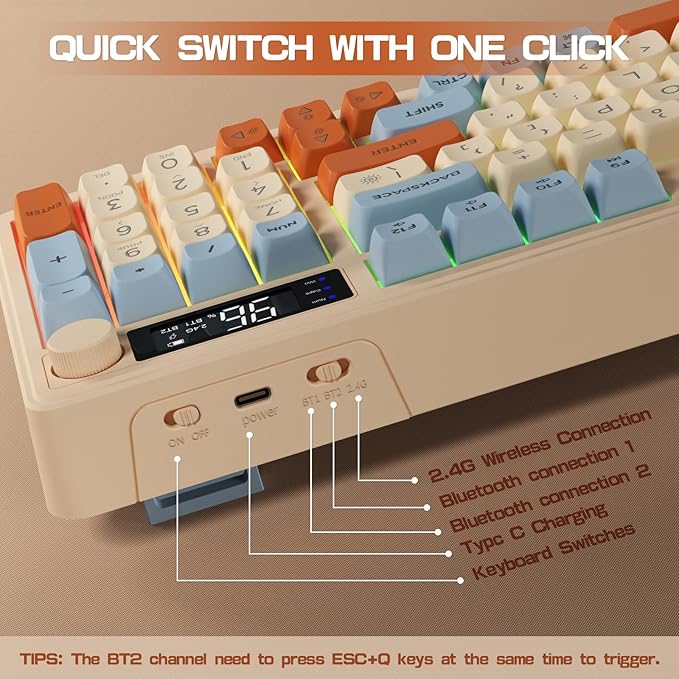 ZIYOU LANG M96 Wireless Gaming Silent Membrane Keyboard,Display Screen & Knob with Multimedia Keys Dual Mode Bluetooth/2.4Ghz,Rainbow Backlight 94Keys Ball Shape PBT Keycap ANSI Layout for Win/Mac