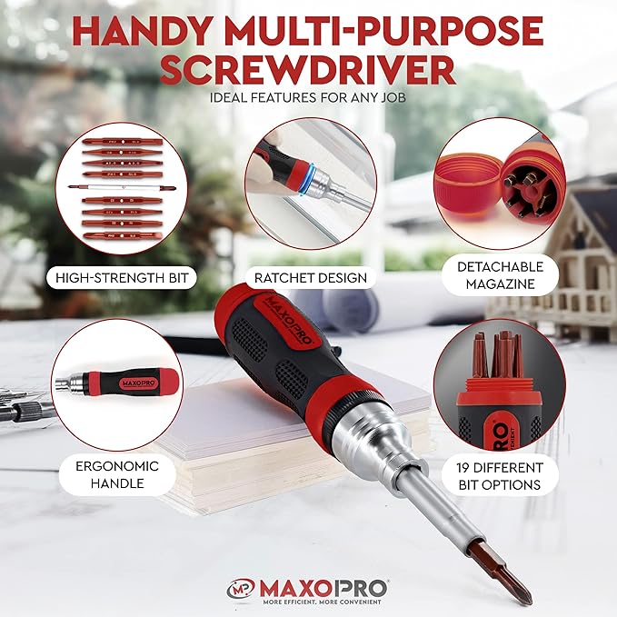 Ratcheting Screwdriver Set with Magnetic Tips - 19 In 1 Ratchet Multi Screwdriver - Portable and Multipurpose All In One Screwdriver, Phillips//Torx-Star/Hex/Square Bits