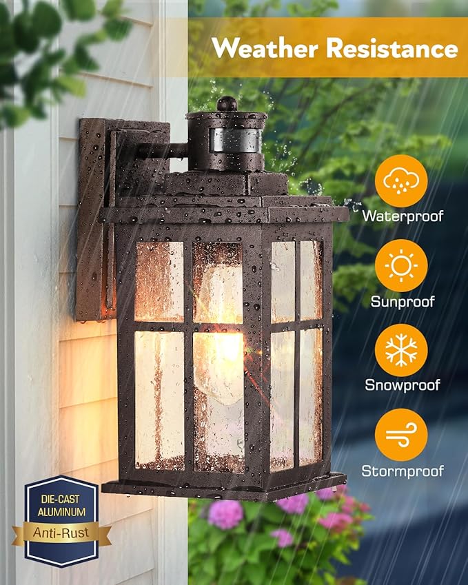VIANIS Brown Exterior Lighting Fixtures Wall Mount with Motion Sensor, 2 Packs Oil Rubbed Bronze Outdoor Wall Sconce Lantern, 100% Aluminum Dusk to Dawn Outdoor Lighting for House, Garage, Doorway