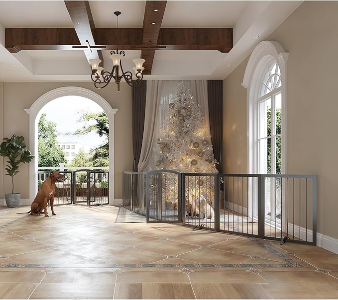 JSB 192-inch Extra Wide 30-inch Tall Dog gate with Door Walk Through,Full Matel Freestanding Round Tube Pet Gate for Halls Stairs, Puppy Safety Dog Fence with 4PCS Support Feet (Black)