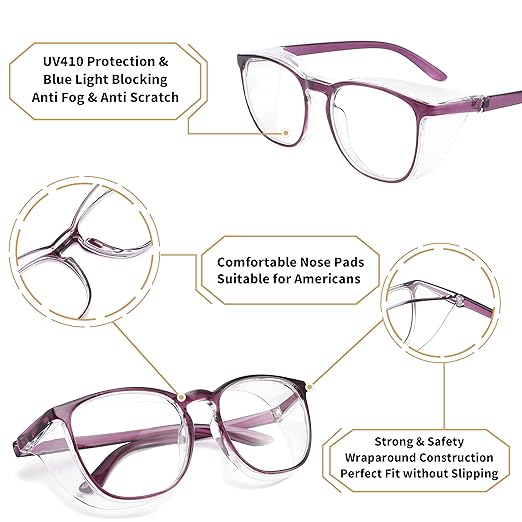 Alsenor Safety Glasses Anti Fog Goggles Protective Eyewear Blue Light Blocking Anti Dust UV Protection Glasses For Men Women (2 Pack (New Purple + Black))