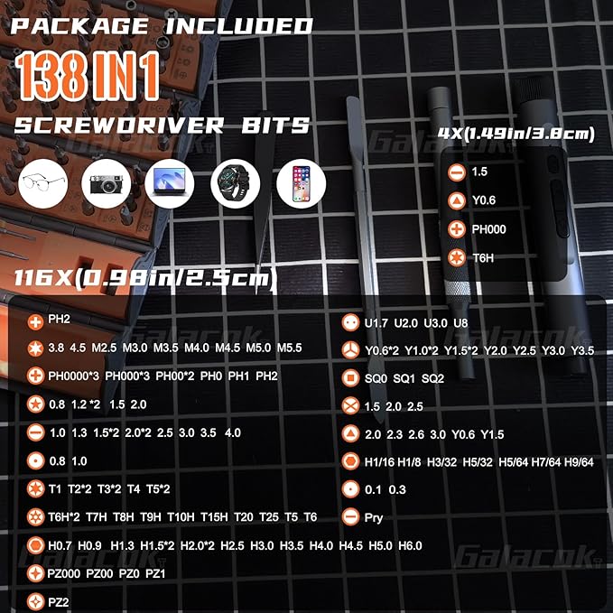 3.7V Mini Electric Screwdriver, 138 in 1 Cordless Screwdriver Rechargeable, 120 Magnetic S2 Steel Bits,Repair Tool Kit with LED Light, Pry Bar, Suitable for Electronics, Phone, Camera, Watch (Orange)