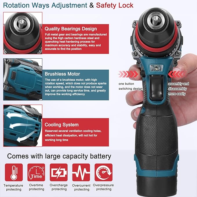 18V 2in1 Lithium Drill, Electric Screwdriver 45Nm Torque Brushless Motor Screw Driver with 2pcs Chargeable Battery Power Tool for Home Furniture Installation Automotive Electronics Repairing