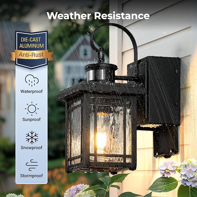 Outdoor Porch Light with GFCI Outlet, Motion Sensor Outdoor Light Fixtures Wall Mount, Black Exterior Wall Sconce Lantern with Ripple Glass, Anti-Rust Coach Lights for Garage, Patio, Front Door