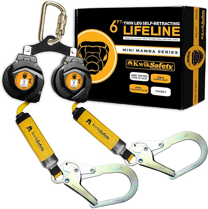 KwikSafety - 6' mini Mamba Twin-Leg Self Retracting Lifeline [NO Tangle Web] Class 1 Retractable Safety Lanyard SRL ANSI OSHA