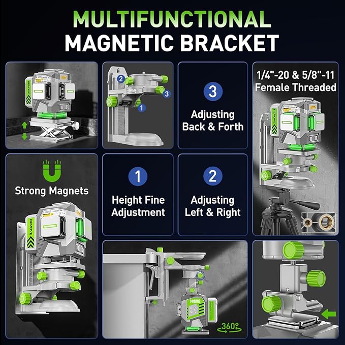 HueparPro Laser Level 3D Self Leveling Green Beam Tiling Laser Tool, 12 Lines Highly Accurate Professional Floor Laser with 8000mAh Rechargeable Li-ion Battery, Magnetic Bracket and Hard Case ZK03DG