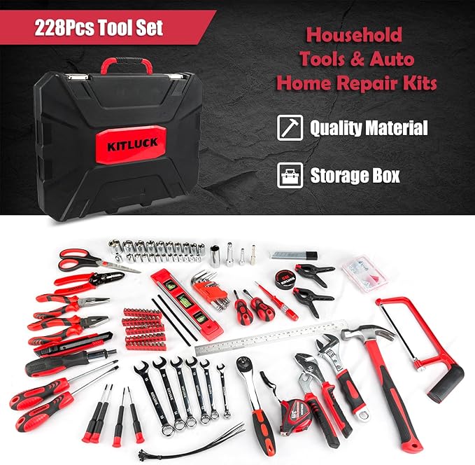 KITLUCK 228-piece Home Tool Kit, Household Hand Repair Tool Set for men, Portable Tool box Set with Tools (Screwdriver, Wrench, Plier, Socket, Harmer, Hex Key, Rule, Saw, Knife, etc.) for Home and Car