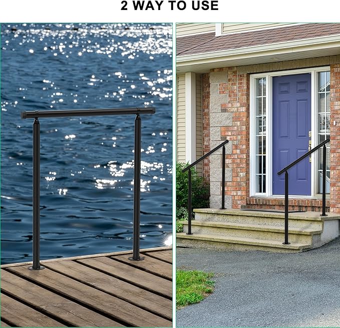 Shinoske Outdoor Handrail,Stair Handrail,Metal Handrails with Installation Kit for Concrete, Porch Steps,One-Step Assembly, Black, 1 Pack, Hand Rails for Outdoor Steps Fit 2 to 3 Steps