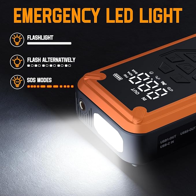 Jump Starter with Air Compressor, Acmount 5000A Car Battery Jump Starter with 150PSI Tire Inflator for Up to 9.0 Gas/8.0L Diesel, 12V Portable Jump Starter Box with LCD Display, Light (Orange)