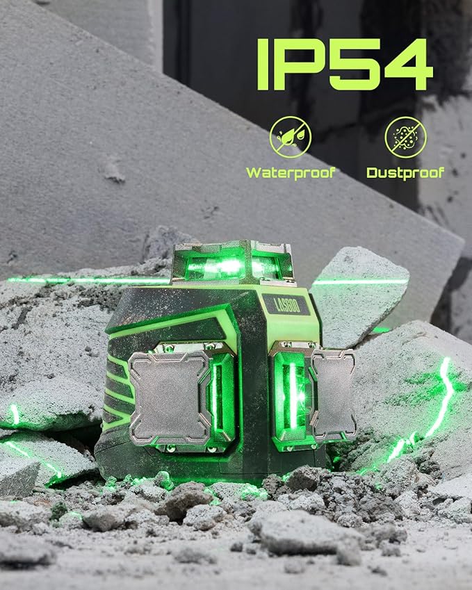 Laser Level 3x360° Self Leveling, 3D Green Cross Line Laser for Construction and Picture Hanging, Rechargeable Battery, Remote Control, Magnetic Rotating Stand Included - LG-3Dx