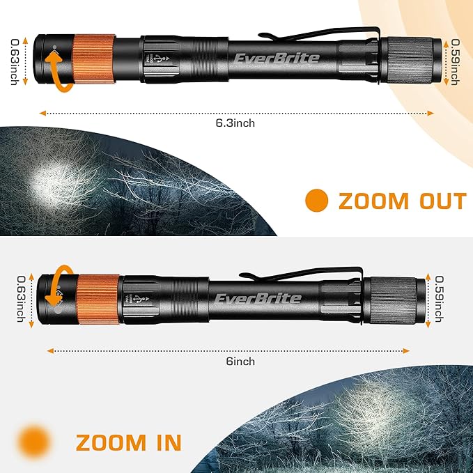 EverBrite Rechargeable Pen Light, 300 Lumens EDC Flashlight, Zoomable LED Pocket Flashlight with Clip, Memory Function and USB C Cable Included, for Camping, Emergency, Black