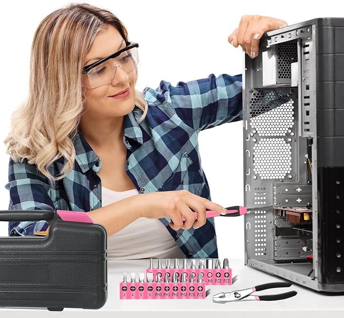 39 Piece All Purpose Basic Household Pink Tool Kit for Women - Small Tool Set with Toolbox Great for Home, Garage, Office and College Dormitory Use