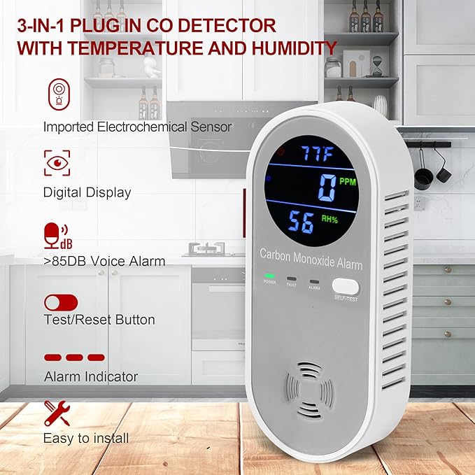 2 Packs Carbon Monoxide Detectors, Plug in Carbon Monoxide Alarm, 3-in-1 Real-time Digital Display Fahrenheit(°F) & Humidity, Co Detector Monitor for Home,RV,Apartment