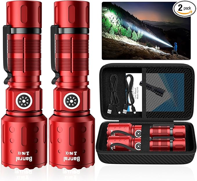 Flashlights High Lumens Rechargeable, Super Bright Long Range Small Powerful Flashlight, 6 Modes LED Tactical Pocket Waterproof Flash Light for Home Emergency (2, Red)