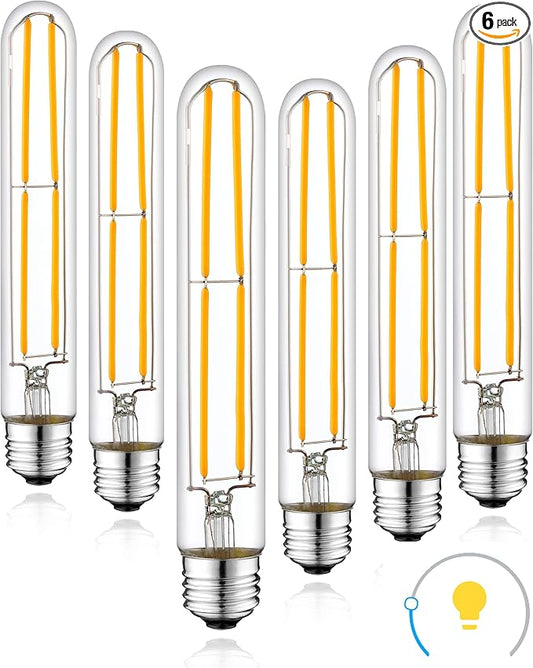 Long T10 LED Bulb, 7.3in Vintage Edison Dimmable Bulb 6W 2700K Warm White Tubular Bulbs, E26 Medium Base Clear 600LM 60W Equivalent for Cylinder Pendant Wall Sconces Chandelier Vanity 6Pack