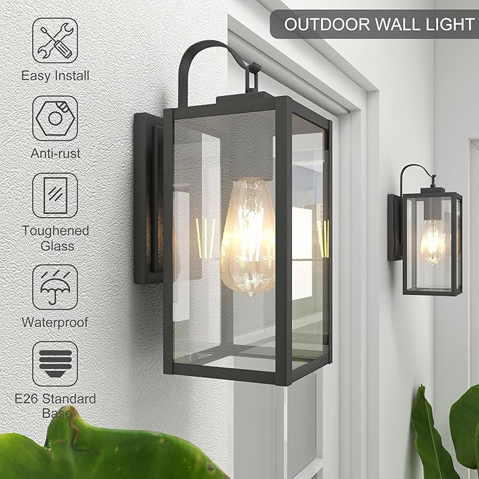 Pia Ricco Outdoor Wall Lights, Matte Black Exterior Light Fixtures with Clear Glass Shade, Waterproof Front Porch Lighting, Modern Sconces Lantern for Outside, House, Garage, E26 Socket, ETL Listed