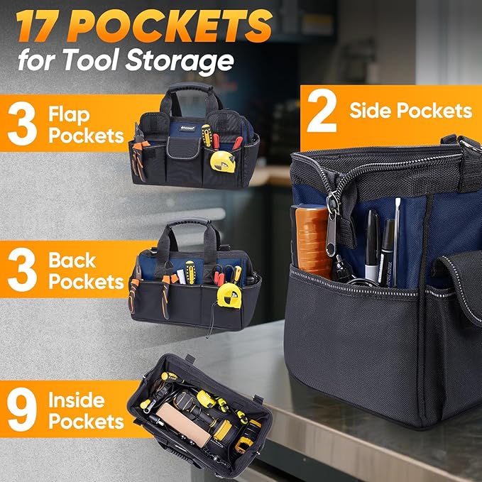 TICONN Heavy Duty Tool Bag with Multi-Pockets, Portable Tool Box Organizer Storage Bag, with Adjustable Shoulder Strap and Ergonomic Handle (Blue, 16" Standard Base)