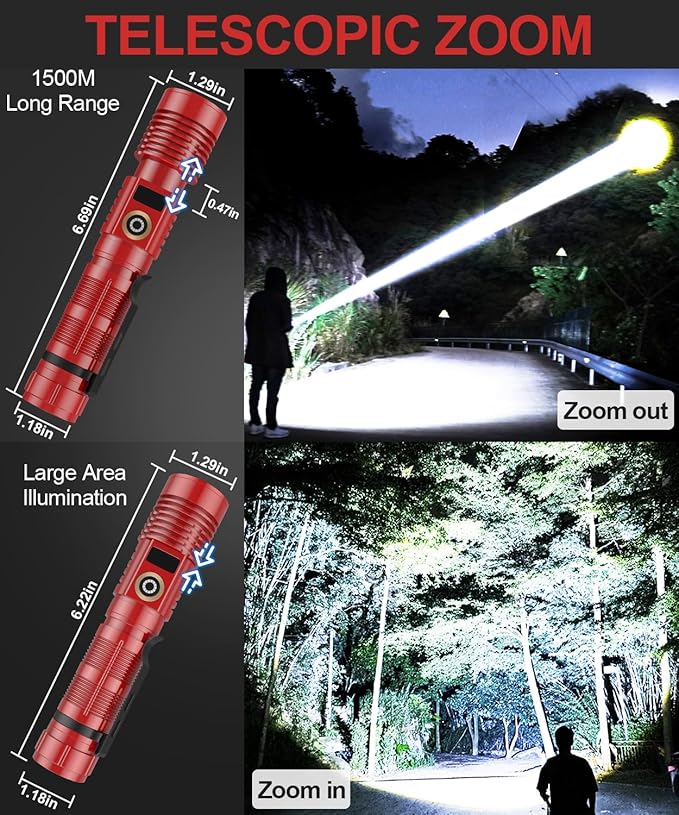 Rechargeable Flashlight High Lumens- Super Bright Magnetic Flash Light with Power Digital Display, Long Range,Dimmable,Waterproof,Pocket Tactical LED Flashlights for Emergency,Red 1PC