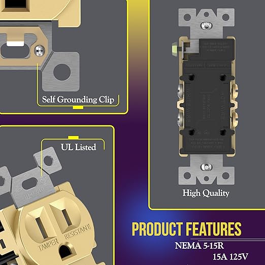 ENERLITES Elite Series Duplex Receptacle, Residential Grade Wall Outlet, Duplex Electrical Outlet, Self-Grounding, 3-Wire, 2-Pole, 15A 125V, UL Listed, 61580-GD, Gold