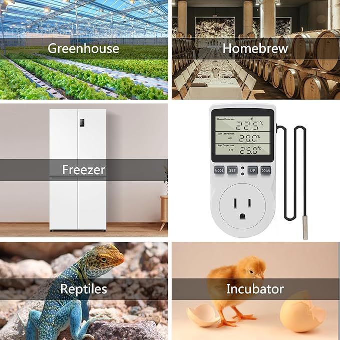 Digital Thermostat Outlet Plug Temperature Controller Outlet Socket 120V Heating Cooling Control 110V 15A Celsius Fahrenheit Display White