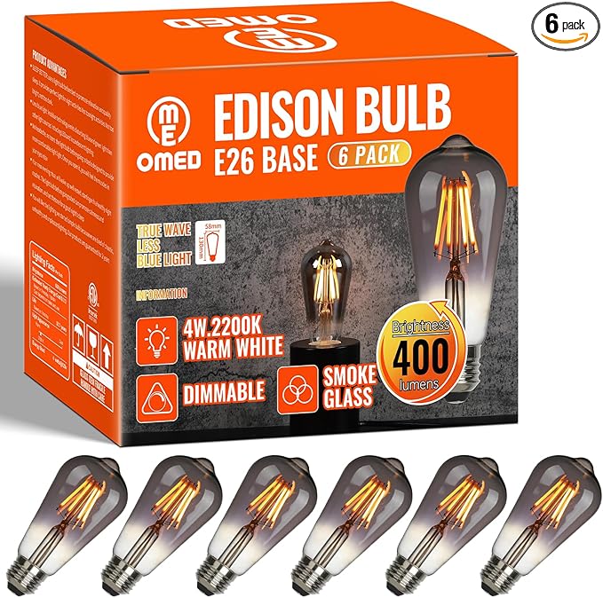 OMED LED Edison Vintage Light Bulbs 40 Watt Equivalent E26 Base 2200k Warm White Dimmable ST64 Smoke Grey Glass 40w Energy Saving Ideal Dining Rooms Durable Light for a Cozy Atmosphere 6 Pack