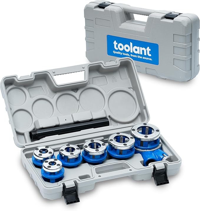 toolant Ratchet Pipe Threader Kit, NPT 1/4" - 1-1/4" Manual Ratcheting Pipe Threader, Portable Pipe Threading Tool Set with 6PCS NPT Dies, Storage Case for Galvanized Aluminum Iron Copper Pipes