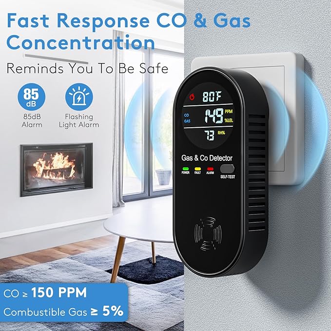 4-in-1 Natural Gas and Carbon Monoxide Detectors Plug in CO Monitor with Temperature and Humidity Display Portable CO Detector for Travel,RV,Home