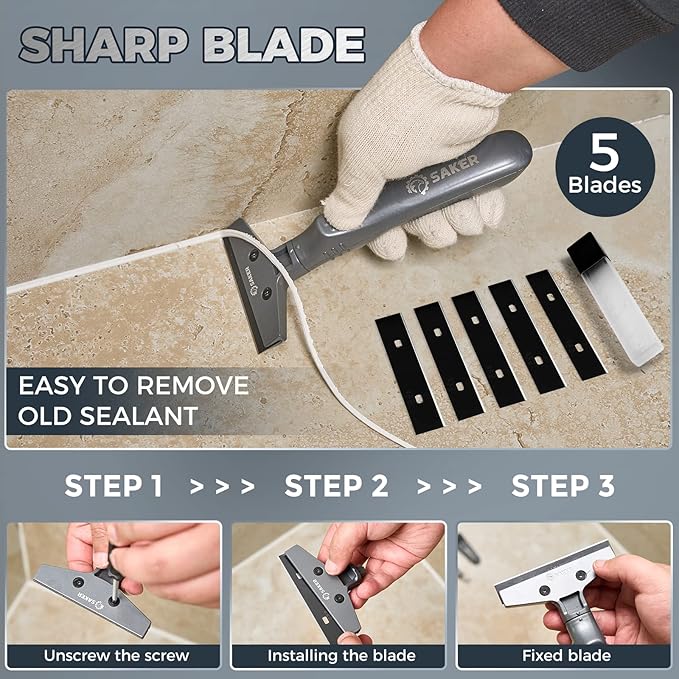 Saker 4 in 1 Caulking Tool Kit-Aluminum Sealant Finishing Tool Grout Remove Scraper Caulk Remover Glass Glue Angle Scraper for Bathroom,Kitchen,Floor,Window,Sink Joint,Frames Seal