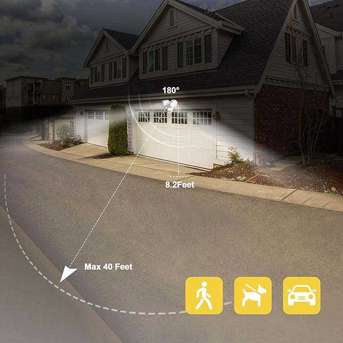 LED Motion Sensor Outdoor Lights, 34W 3500LM 5000K Daylight, IP65 Waterproof, Dusk to Dawn Flood Light, 2 Head Motion Detector Security Lights for Outside, Patio, Garage, Yard (White, 1 Pack)