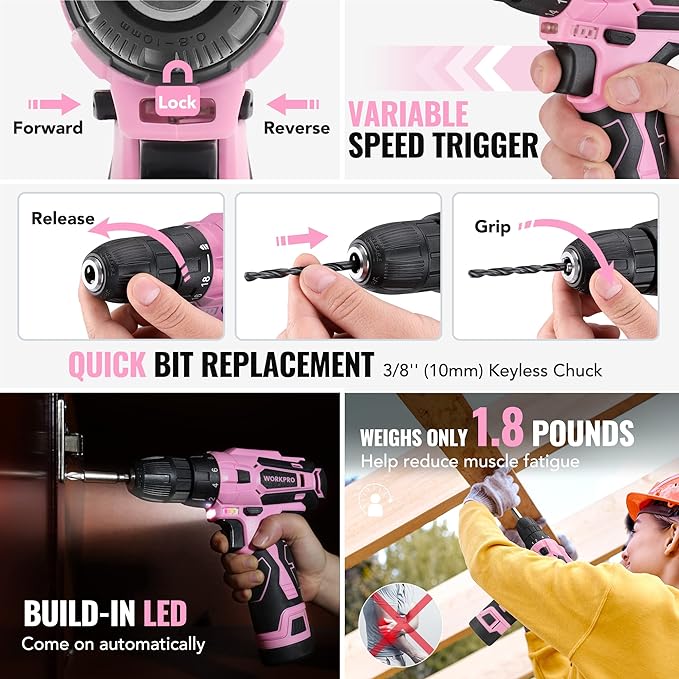 WORKPRO Pink Tool Set with Power Drill, 108PCS Portable Ladies Pink Drill Kit for Home with Toolbox and Pink Hammer, 1.5 Ah Cordless Drills with Keyless Chuck and Variable Speed Trigger - Pink Ribbon