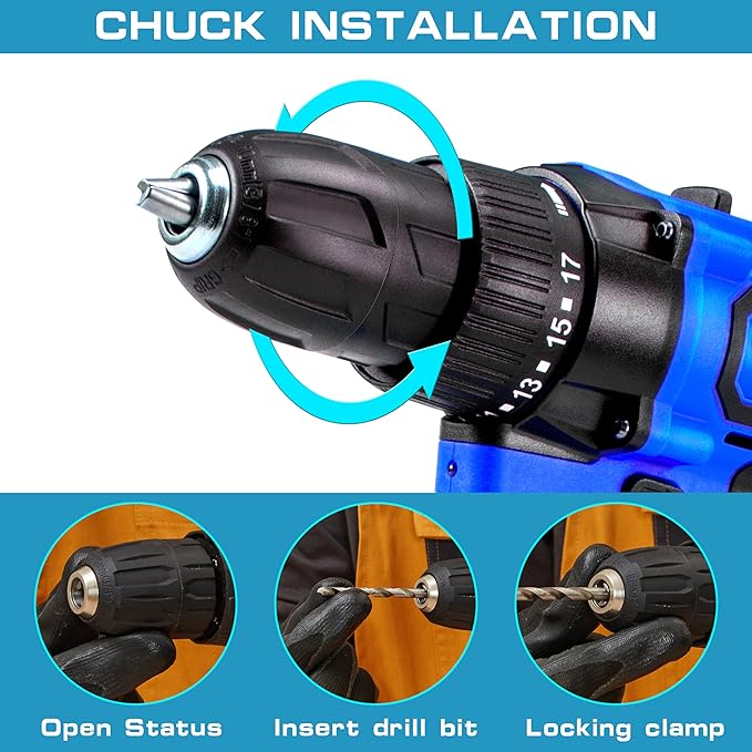Cordless Drill, 21V Power Screwdriver 2 Variable Speed 3/8” Keyless Chuck, 2 X 1500mAh Batteries and Charger for assembling, repairing and DIY