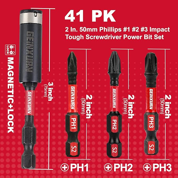 Anti-slip Hex Impact Tough Magnetic Screwdriver Bits Set 2 in. PH1/PH2/PH3 Insert Driver Bits,40Pack 1/4 Inch Hex Shank Phillips Cross Screwdriver Bits Set with 1Pcs Impact Bit Holder
