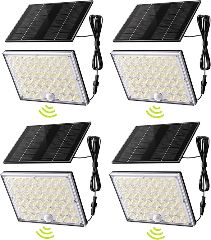 JACKYLED Motion Sensor Solar Lights Outdoor, 16.4ft Cord Security Wall Flood Light Solar Powered Gen2 Light Focus LED with Lenses Cool White Light IP65 Waterproof for Porch Backyard Barn Shed, 4-Pack